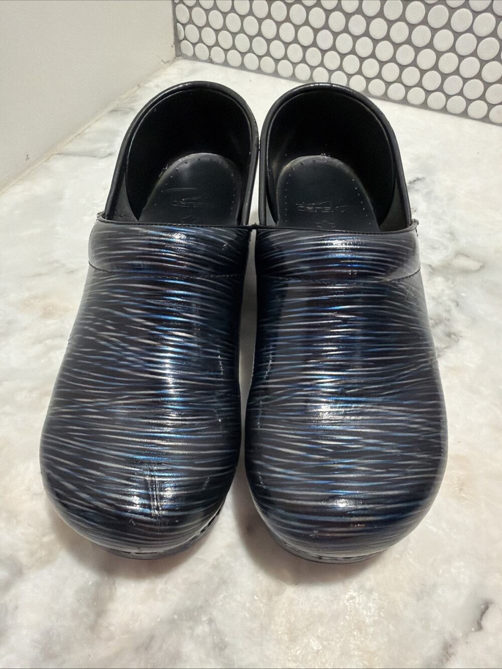 Dansko Professional Clogs Blue Silver Metallic Stripe Patent Leather EU 40